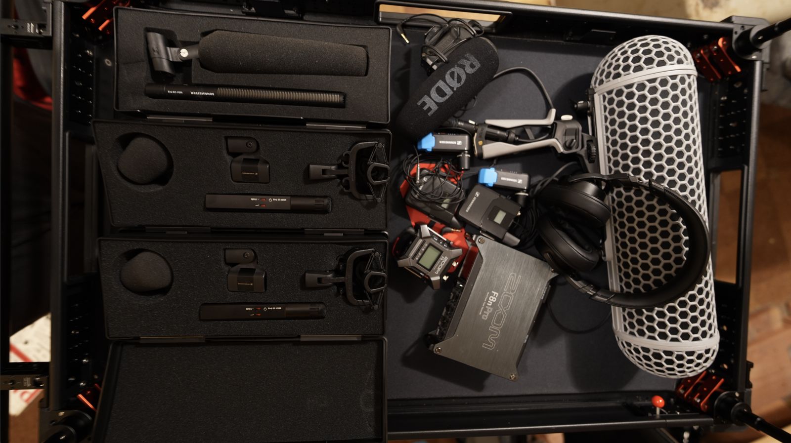 Location sound kit: Sennheiser shotgun and hypercardioid mics, wireless lavs, Zoom recorders