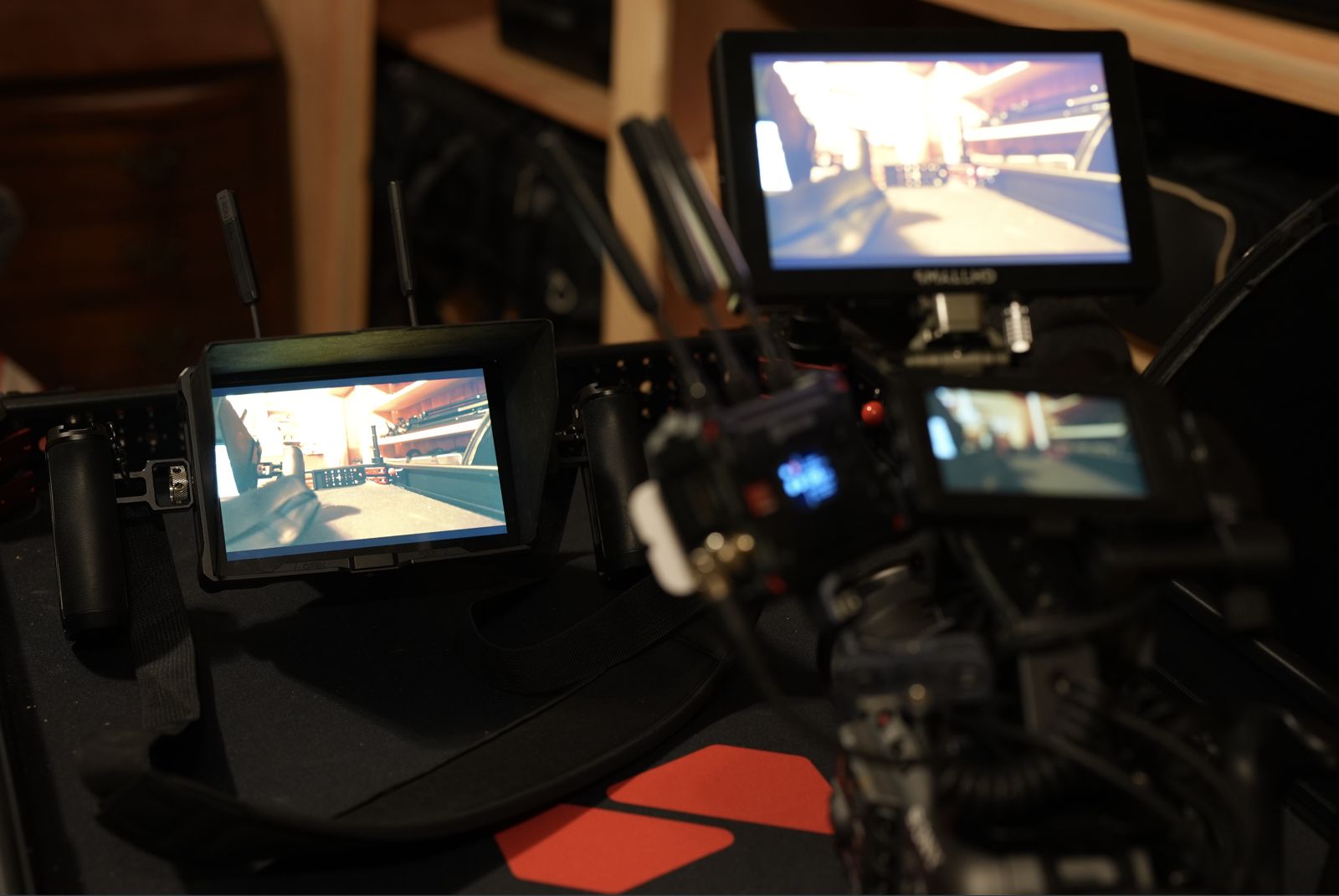 Directors monitors with wireless receivers on the cart